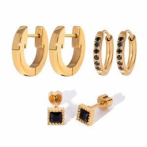 3 Pairs | 18K Gold Plated Black Crystal Earring Set